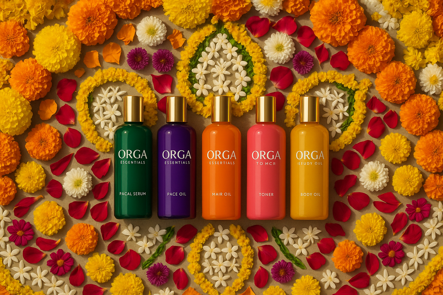 some more variants of vibrant colors of quality bottles of orga essentials of beauty products with onam flowers decorated vertically on floor