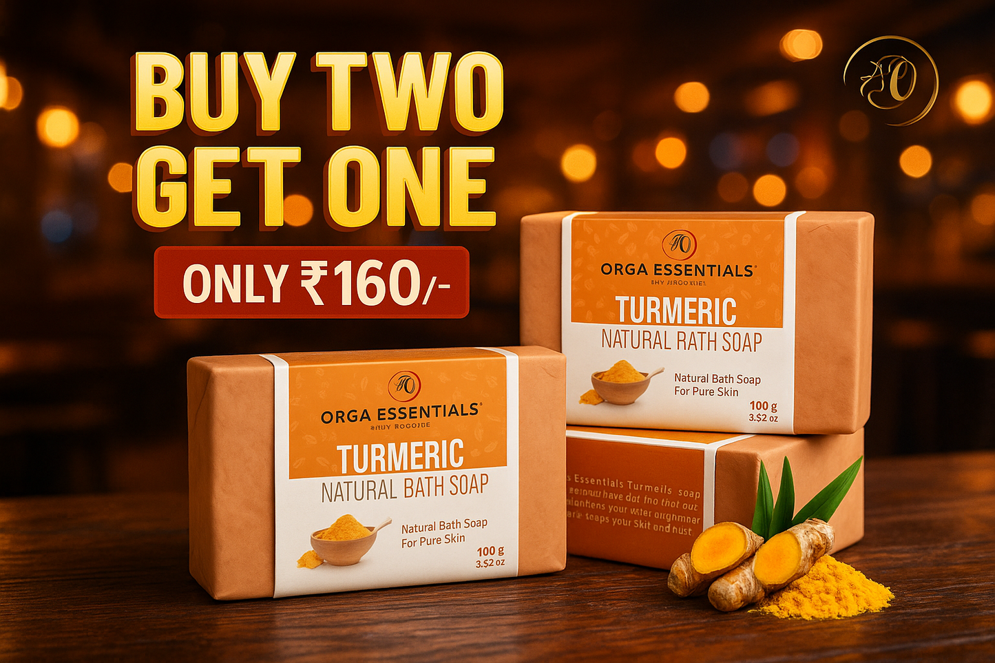 Buy Two Turmeric Natural Bath Soap + Get One Free + Free Shipping - 300 GM